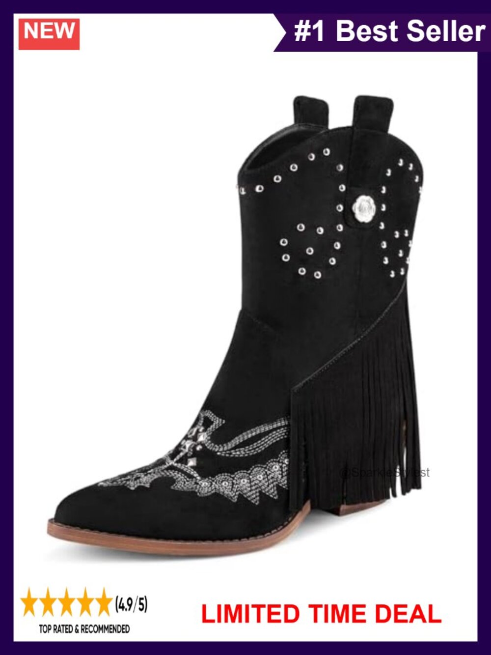 Suede Cowboy Boots Pointed Toe Chunky Heel Fringe Tassel